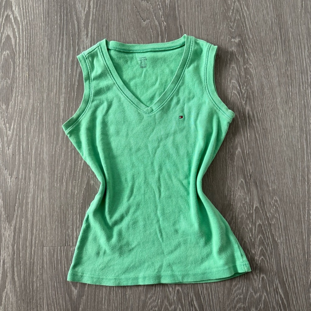Y2K 2000s Vintage Tommy Hilfiger Women's Mint Green V-Neck Tank Top